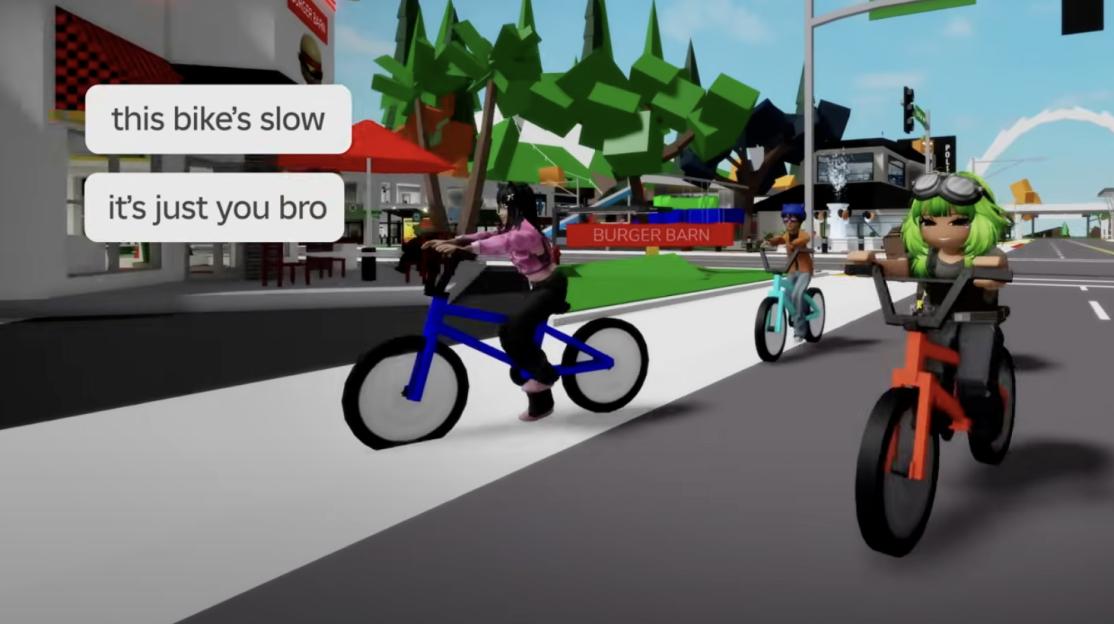 Illustration of a Roblox game showing three characters riding bikes, with speech bubbles reading 'this bike's slow' and 'it's just you bro'.