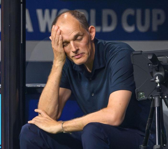 England Manager Thomas Tuchel looking dejected after a defeat to Argentina at the 2026 World Cup semi-final.