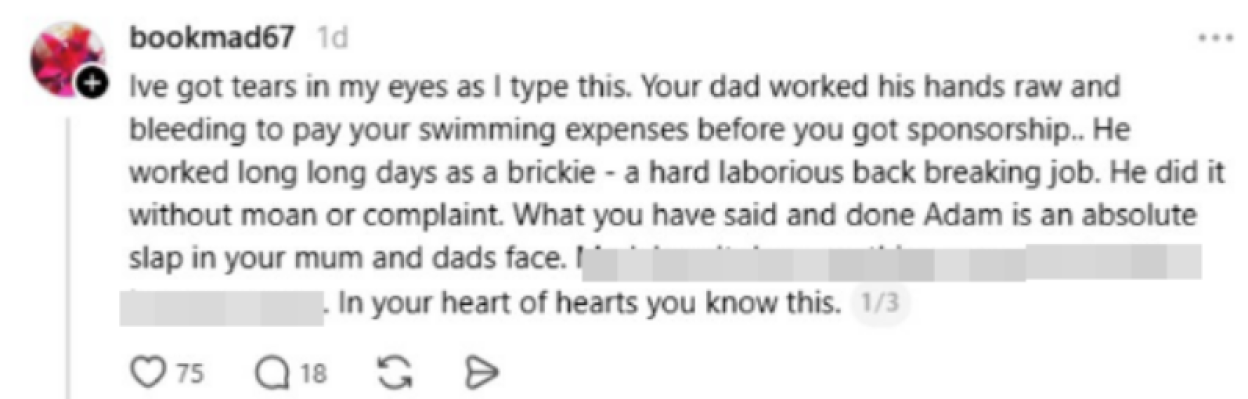 A social media post from "bookmad67" expressing disappointment about someone named Adam.