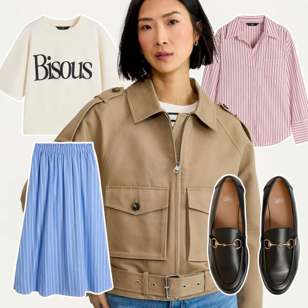 Collage of a woman wearing a beige jacket over a striped shirt and blue jeans, with a 'Bisous' top, pink striped shirt, blue striped skirt, and black loafers overlaid.