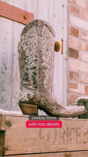 Detailed cowboy boots displayed on a wooden surface.