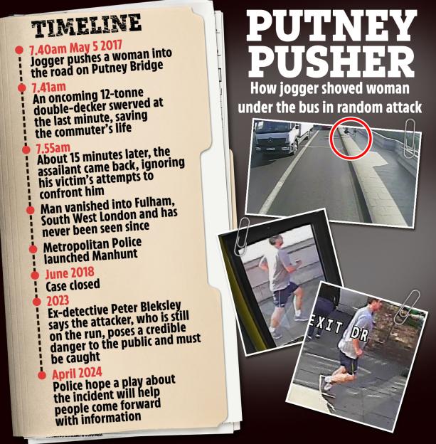 Collage of a timeline of events and images related to the Putney Pusher incident.