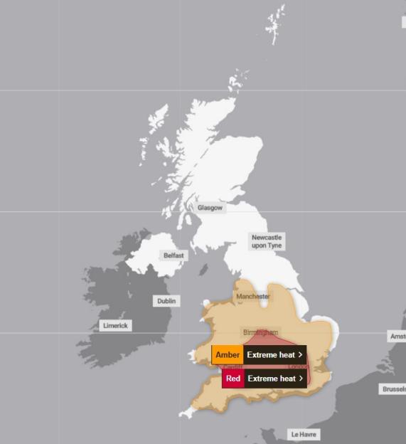 Illustration of a weather map showing extreme heat warnings in the UK.
