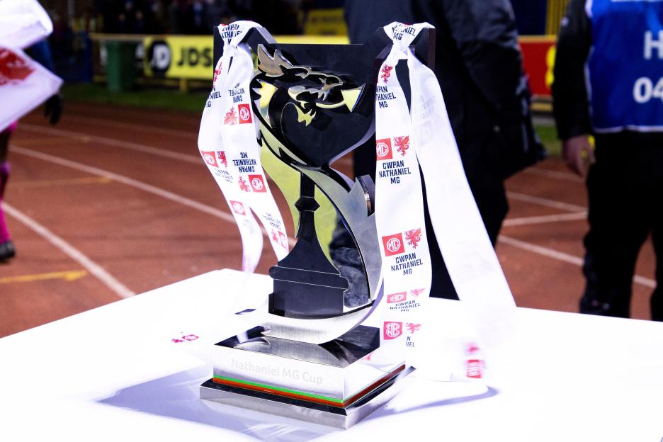 Barry, UK. 20th Jan, 2024. Nathaniel MG Cup Trophy ahead of kickoff. The New Saints vs. Swansea City U21 in the Nathaniel MG Cup Final at Jenner Park on January 20, 2024. Credit: Lewis Mitchell/Alamy Live News