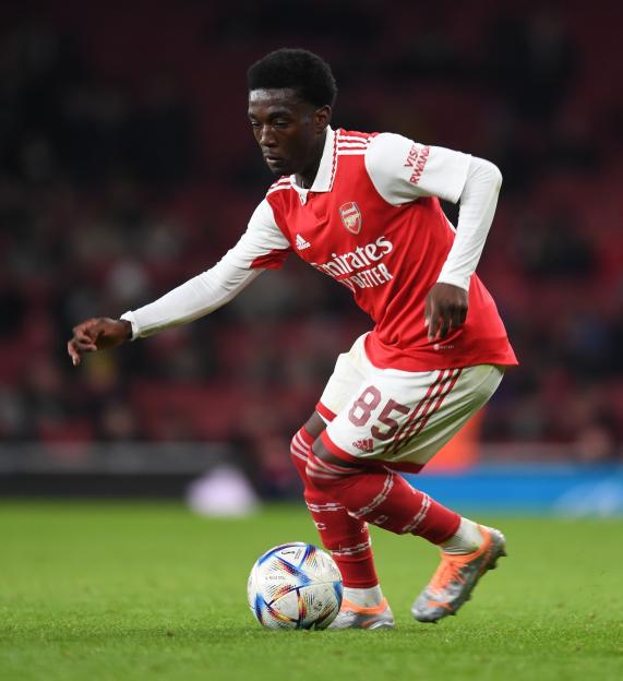 Amario Cozier-Duberry of Arsenal dribbling the ball during a friendly match.