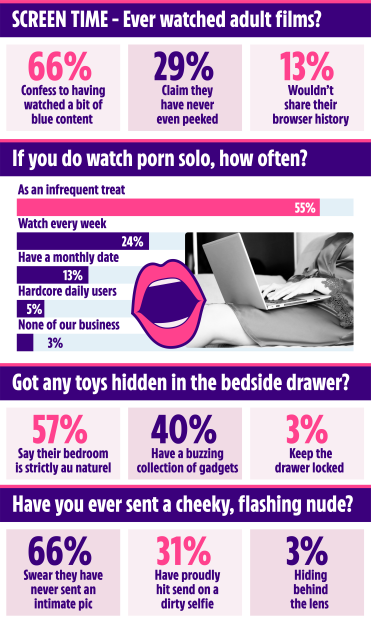 Infographic showing statistics from a sex survey on screen time, solo porn habits, sex toys, and sending nudes.