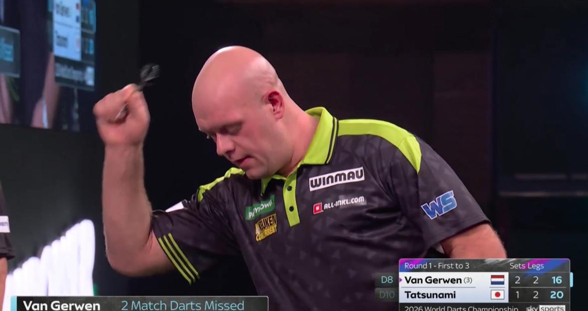 Darts player Van Gerwen reacts after missing two match darts against Tatsunami at the 2026 World Darts Championship.