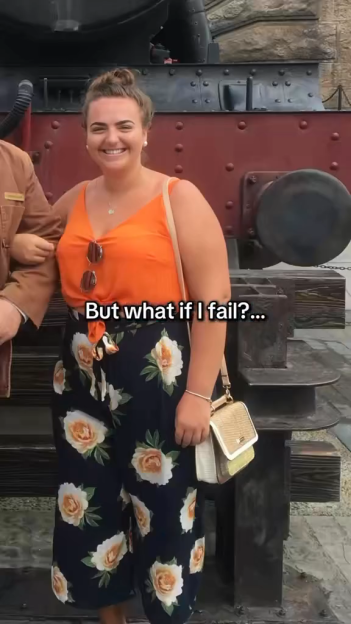 A smiling woman in an orange top and floral pants with text, "But what if I fail?..."