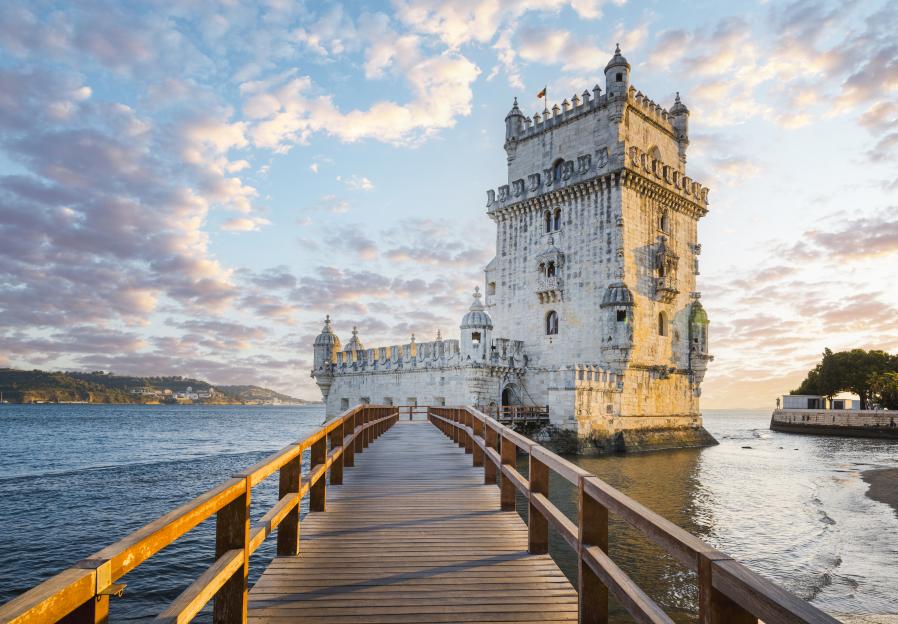 Belém Tower in Lisbon, Portugal, at sunset.