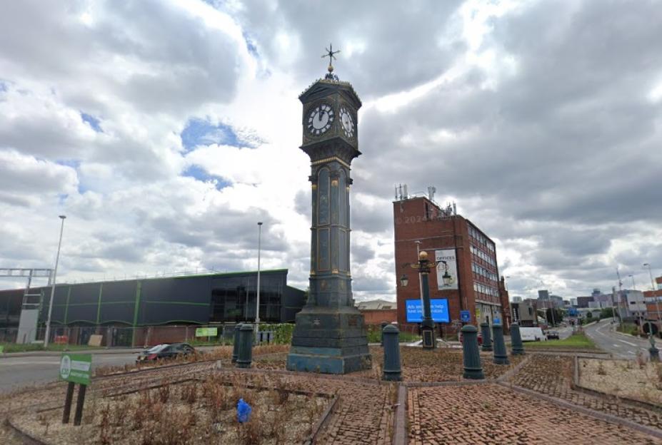 Aston Cross’s Grade II-listed clock tower in Birmingham with faces showing different times.