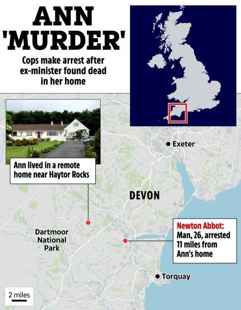 Collage of maps and a photograph illustrating the murder of Ann, an ex-minister, with an arrest made in Newton Abbot.