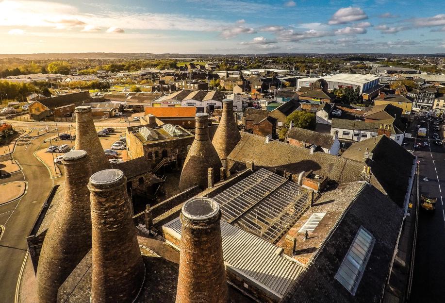 Aerial view of the famous bottle kilns at Gladstone Pottery Museum in Stoke on Trent.