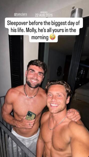 Two shirtless men smiling with text indicating a sleepover before a big day.