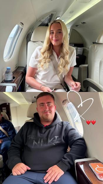 Collage of Luke Littler and Faith Millar on a private jet.