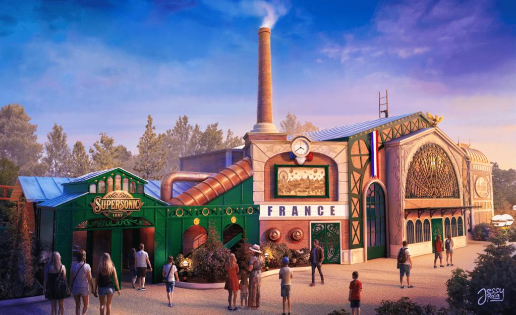 Illustration of the entrance to the Supersonic 1887 ride at Nigloland theme park, with a factory-like building and people walking around.