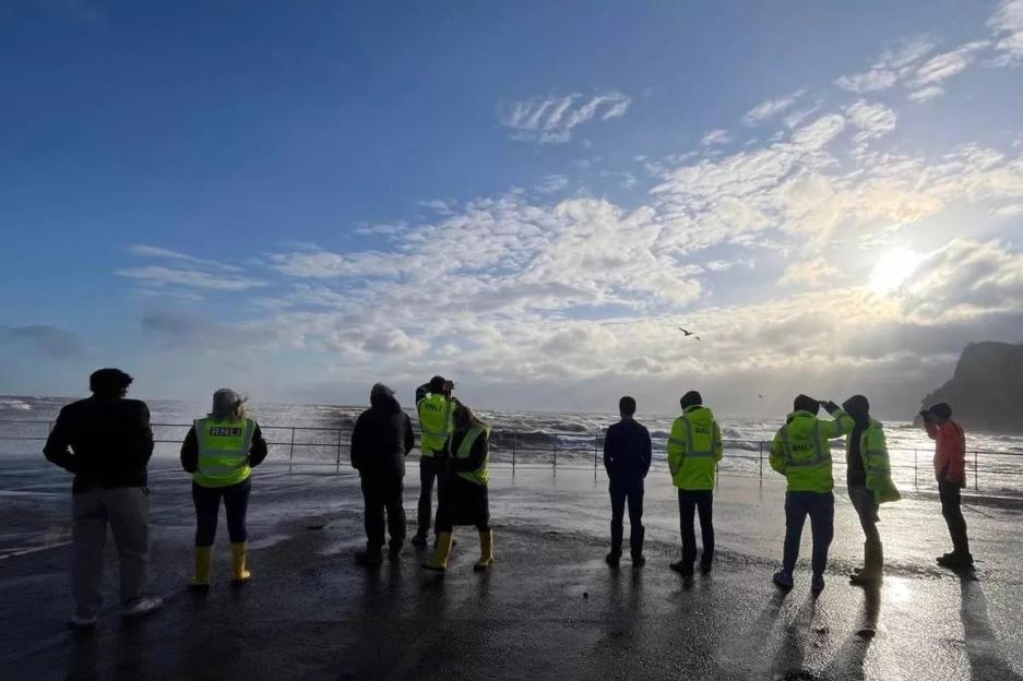 Witnesses watching large waves on a stormy beach.
