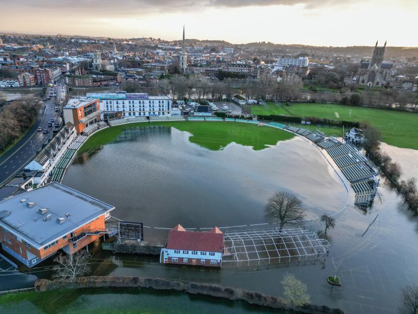 Worcestershire Cricket Ground flooded after Storm Bram.