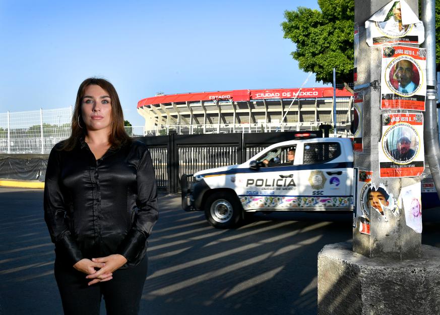Scarlet Howes the US Sun editor, stands in front of the Estadio Azteca football stadium where Mexico and New Zealand will start the World Cup 2026 on June 11th