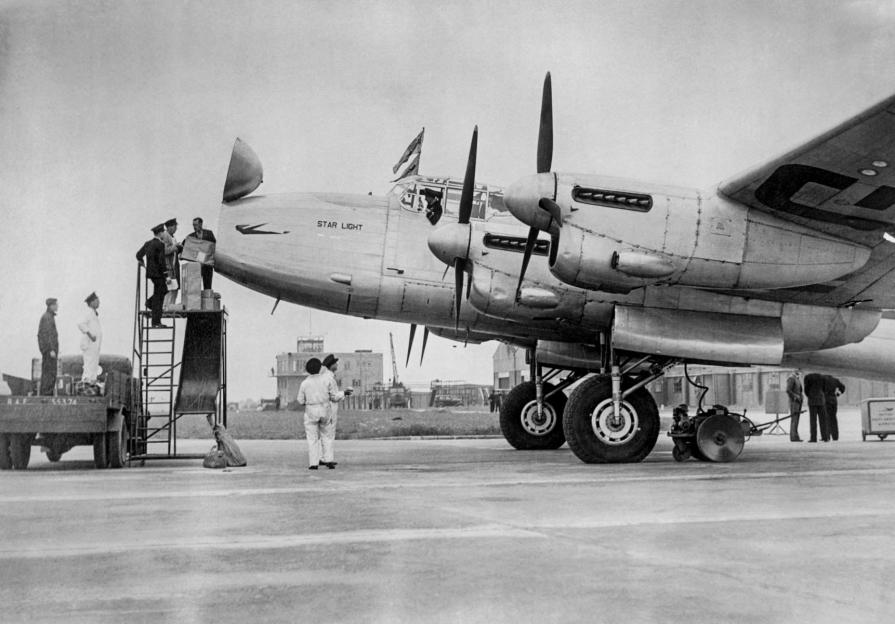 "Starlight", a converted Lancaster bomber, being loaded at London Airport (Heathrow).