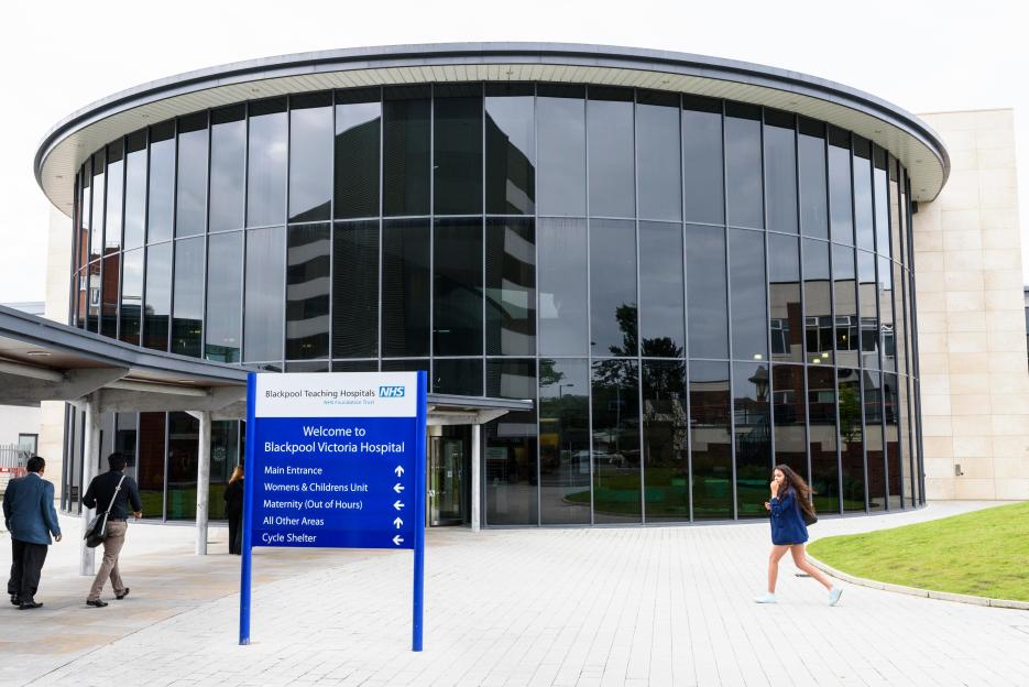 Main entrance of Blackpool Victoria Hospital in Blackpool, Lancashire, UK