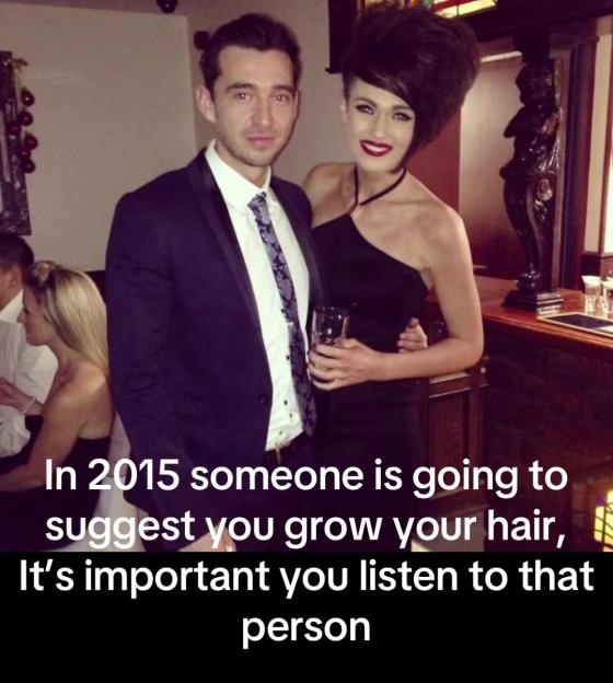 A man and a woman in formal wear, with text overlay.