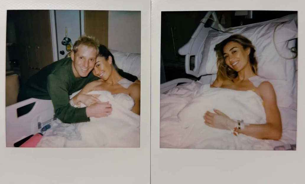 Collage of two instant photos of a couple in a hospital bed.