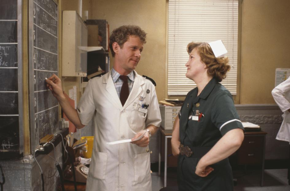 Derek Thompson and Brenda Fricker in a scene from the BBC television series 'Casualty'.