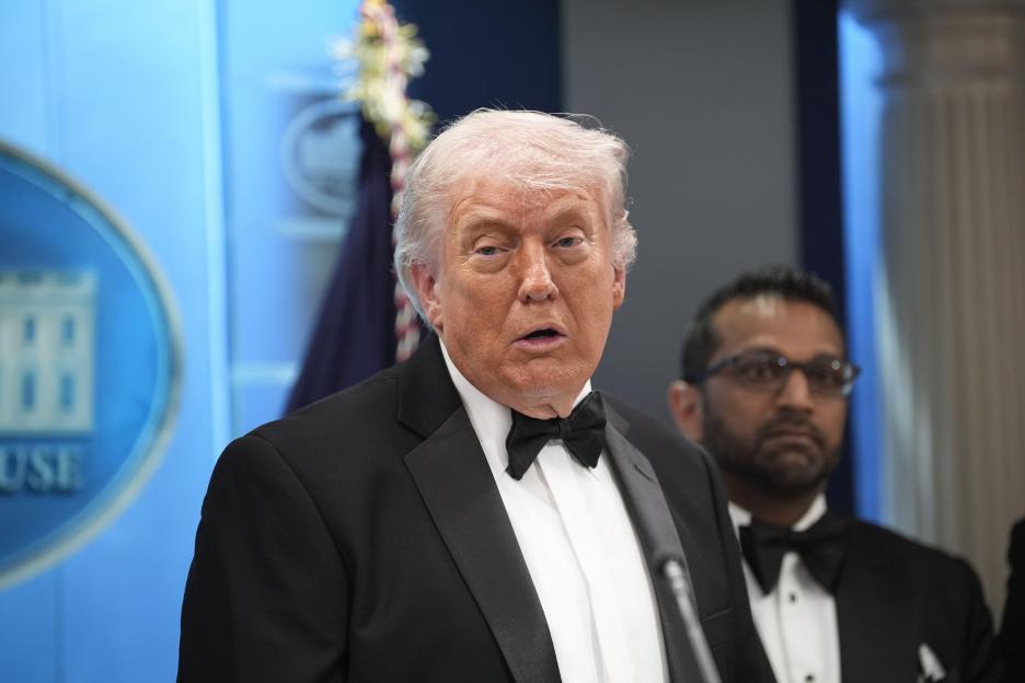United States President Donald J Trump makes remarks in the James S Brady Press Briefing Room of the White House in Washington, DC, USA, after shots were fired at the Washington Hilton Hotel in Washington, DC as the President and first lady Melania T