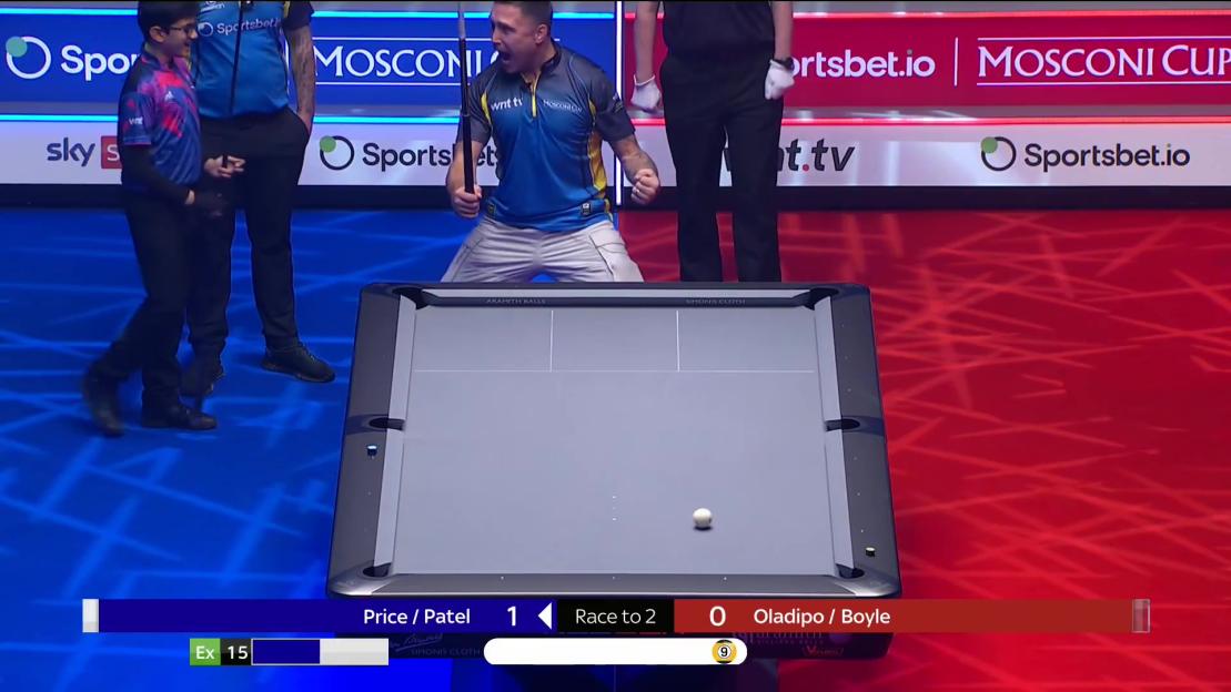 'Gerwyn Price, Ex-World Darts Champion, Celebrates with a Roar After Defeating Young Challenger in Mosconi Cup Doubles!'