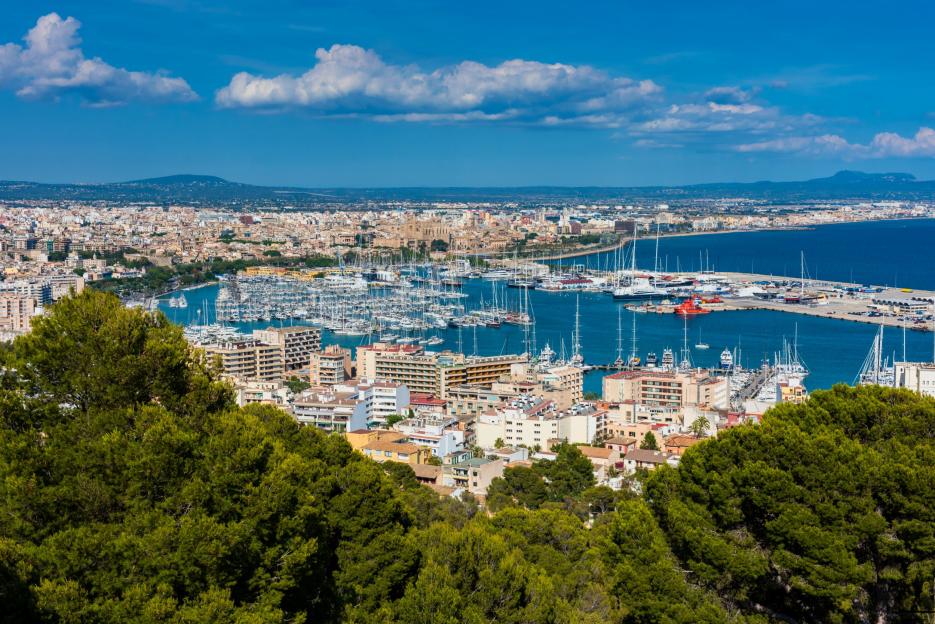 The Marina and Harbor of Palma de Mallorca, filled with boats, with the city and distant mountains in the background.