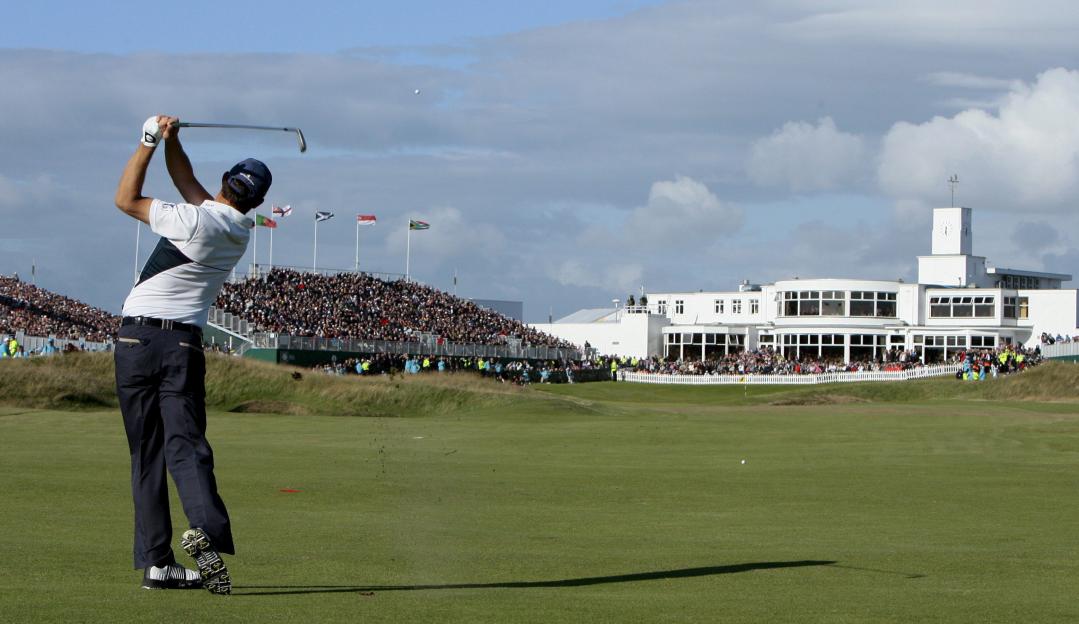 Padraig Harrington plays an approach shot on the 18th green at Royal Birkdale.