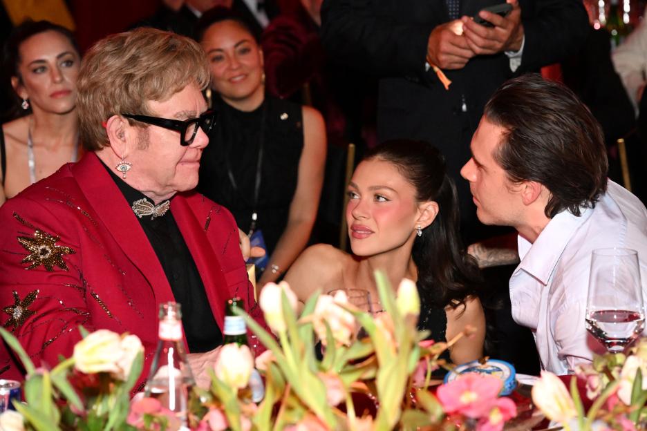 Elton John, Nicola Peltz, and Brooklyn Beckham at the Elton John AIDS Foundation's 34th Annual Academy Awards Viewing Party.