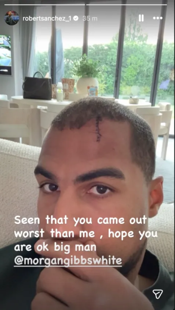 A man with stitches on his forehead and text overlay.