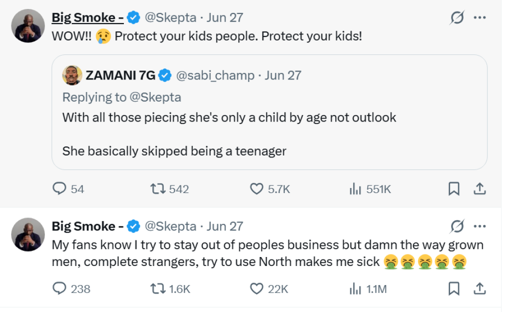 A screenshot of two tweets by Big Smoke, with the top tweet expressing shock and advising "Protect your kids," and a reply from ZAMANI 7G stating the child in question "skipped being a teenager." The bottom tweet from Big Smoke expresses disgust at "grown men" using North.
