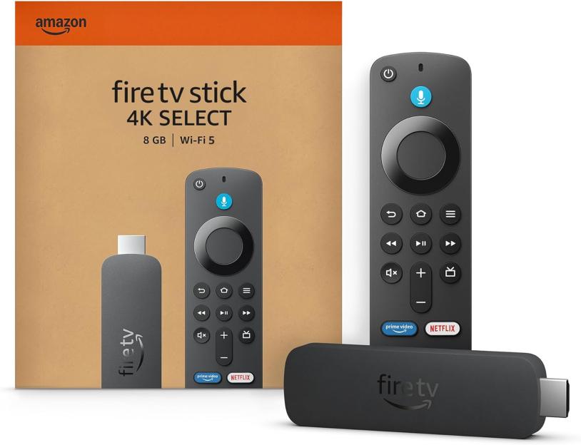 Amazon Fire TV Stick 4K Select with remote control and packaging.