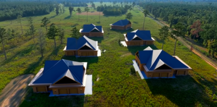 Illustration of several identical houses with blue roofs scattered across a grassy landscape.