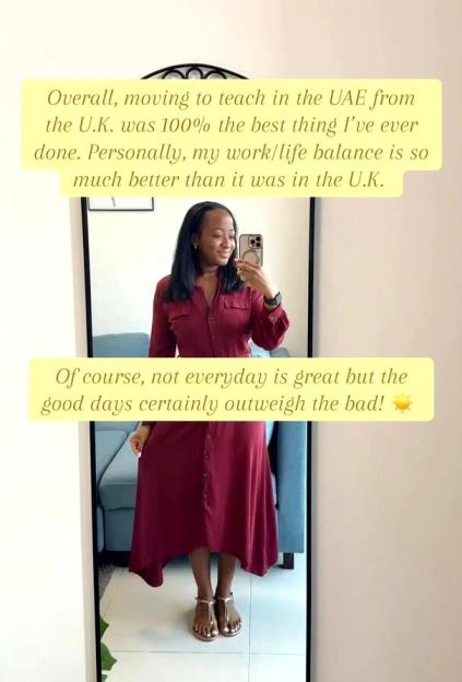 A woman in a long red dress taking a selfie in a mirror, with text overlays about moving from the UK to the UAE for teaching.