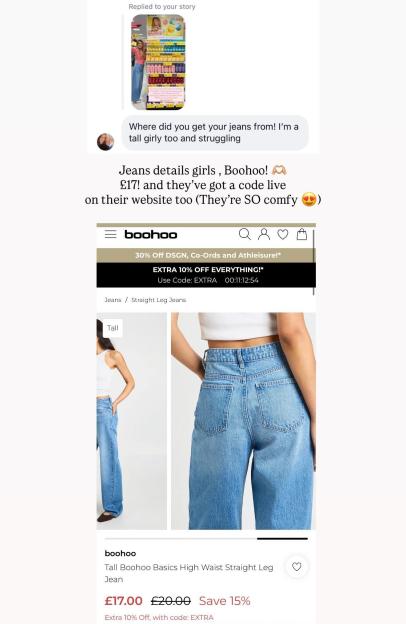 A collage showing an Instagram story reply about Boohoo jeans for tall girls, with a screenshot of the Boohoo website displaying the "Tall Boohoo Basics High Waist Straight Leg Jean" for £17.