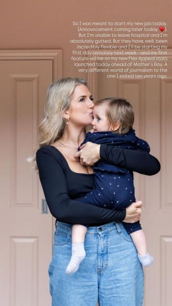 Anna Whitehouse, known as Mother Pukka, kisses her child while sharing news of her hospital stay and new job.