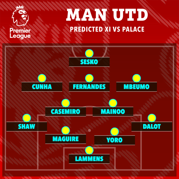 Illustration of Manchester United's predicted starting XI against Crystal Palace, showing players arranged on a football pitch.