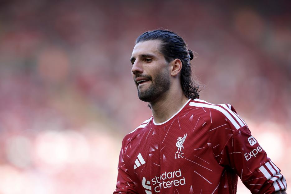 Liverpool's Dominik Szoboszlai reacts during a soccer match.