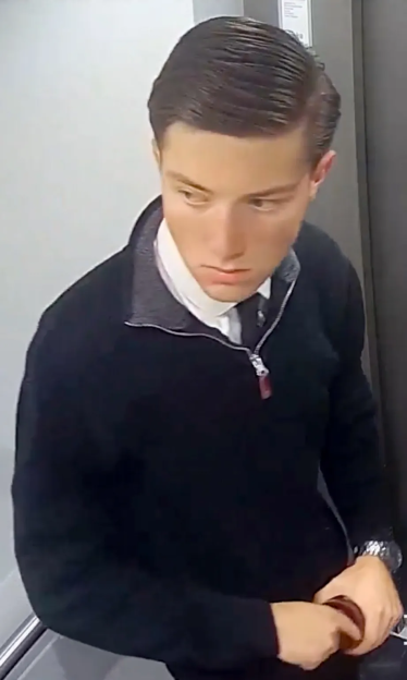Young man in a navy blue zip-up sweater over a white shirt and tie.