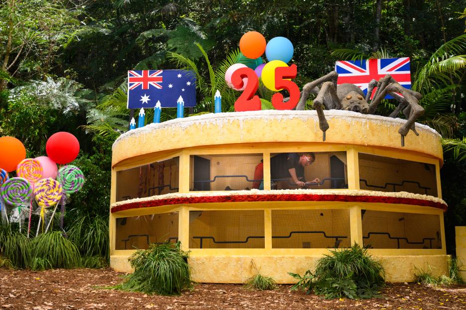 Angry Ginge inside a giant yellow cake decorated with Australian and Union Jack flags, balloons, and a spider sculpture for an "I'm a Celebrity... Get Me Out of Here!" Bushtucker Trial.