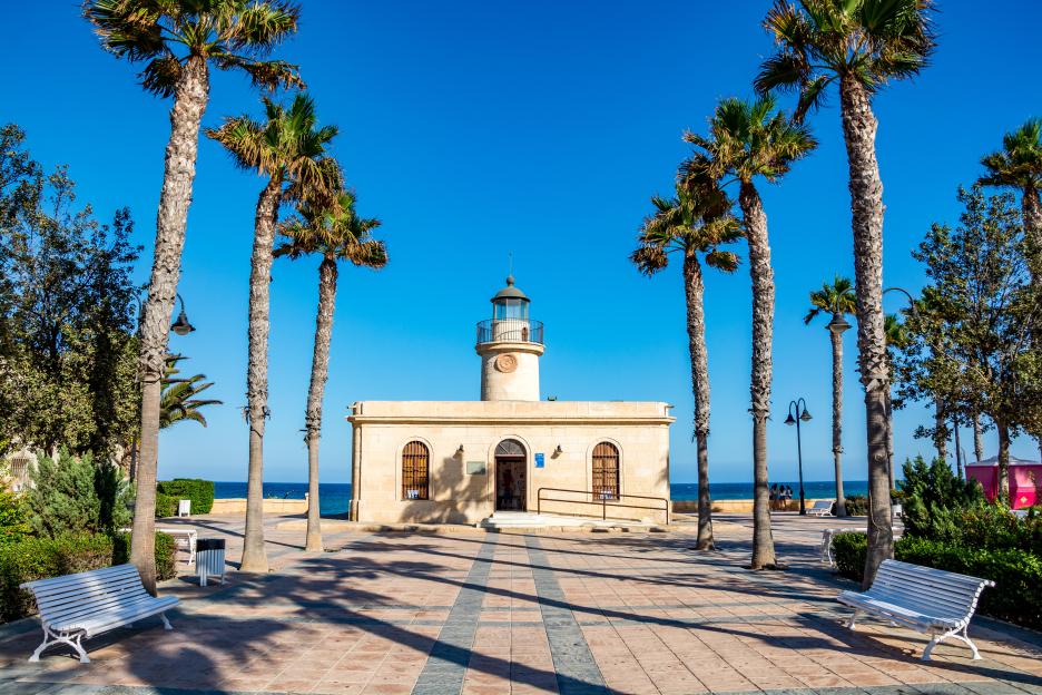 View of the lighthouse in Roquetas de Mar, Almeria province, Andalusia, Spain.
