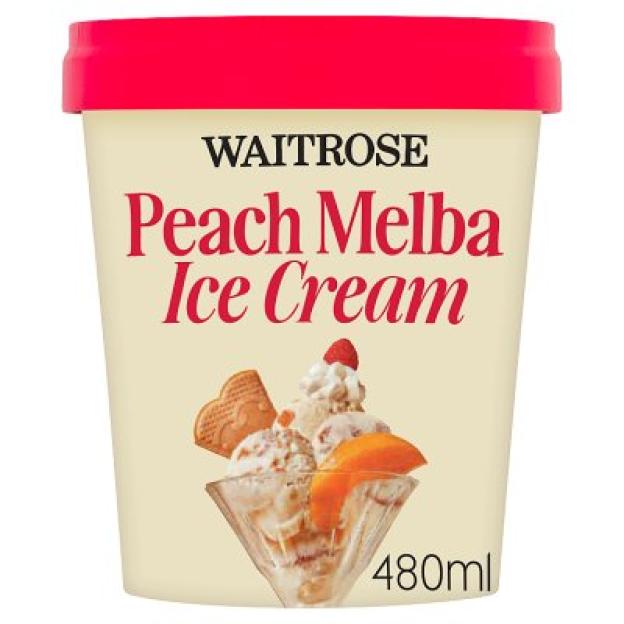 Waitrose Peach Melba Ice Cream tub.