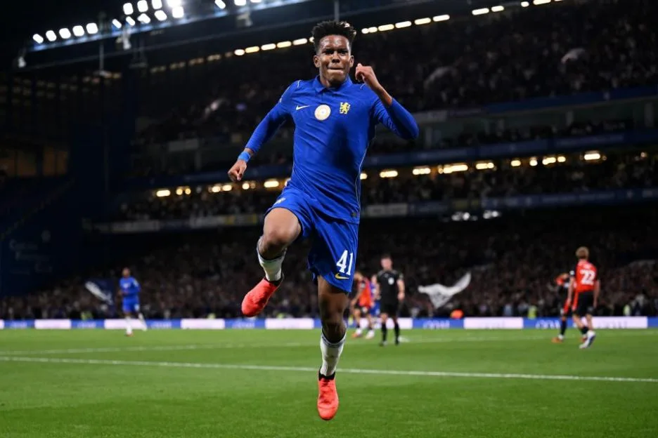 Estevao of Chelsea celebrates scoring a goal against Luton Town.
