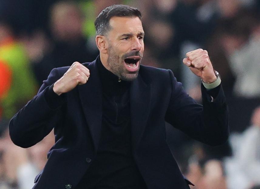 Ruud van Nistelrooy, interim manager of Manchester United, celebrates his side's first goal.
