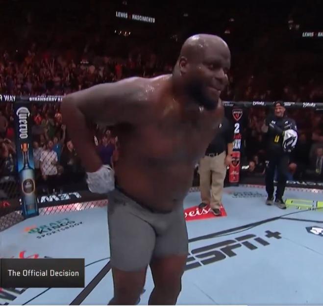 Derrick Lewis moons the crowd after a UFC fight.