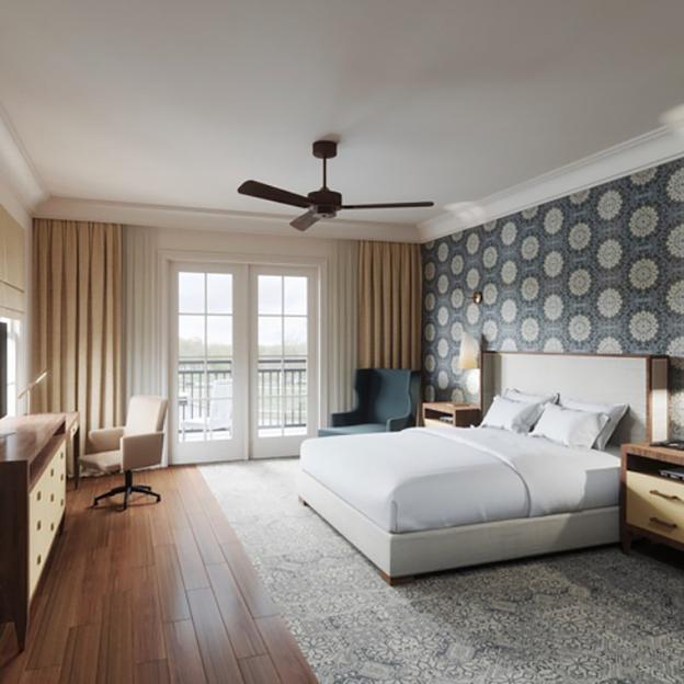 Illustration of a bedroom in The Inn at Meadowbrook, a boutique hotel.