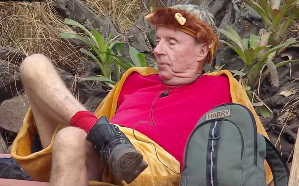Harry Redknapp in a red shirt and yellow cape, wearing a lion-eared headband, resting with a backpack beside him.